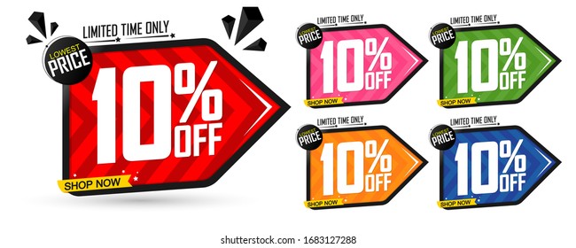 Set Sale 10% off banners, discount tags design template, lowest price, vector illustration