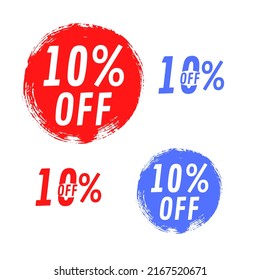 Set Sale 10% off banners, discount tags design template, extra promo, brush grunge, vector illustration