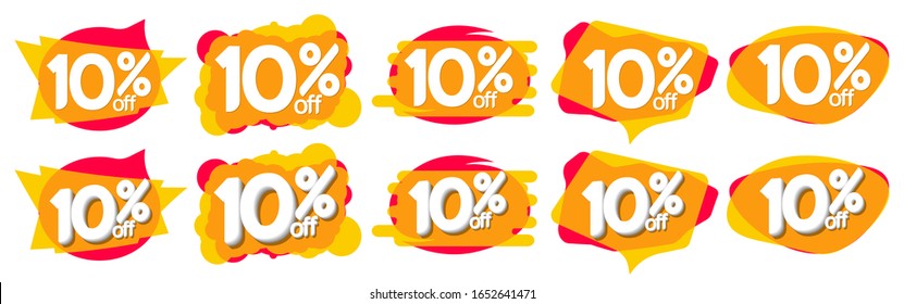 Set Sale 10% off bubble banners, discount tags design template, vector illustration