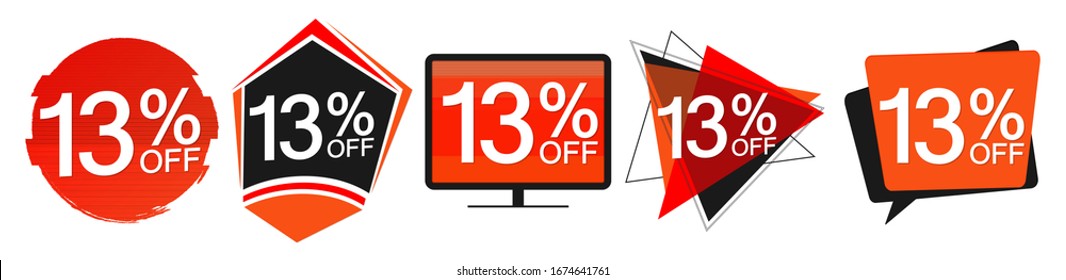 Set Sale 13% off speech bubble banners, discount tags design template, vector illustration