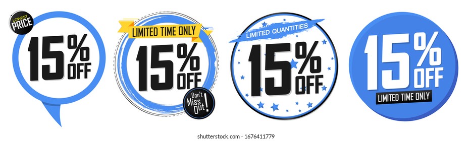 Set Sale 15% off banners, discount tags design template, promo app icons, vector illustration