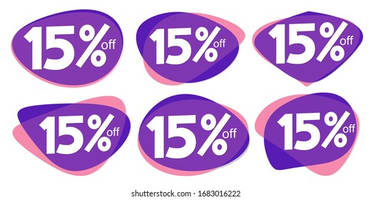 Set Sale 15% off bubble banners, discount tags design template, vector illustration