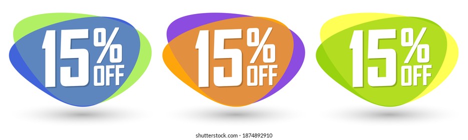 Establecer venta 15% de banners de burbujas, plantilla de diseño de etiquetas de descuento, iconos de aplicaciones de promoción, ofertas extra, precio más bajo, ilustración de vector