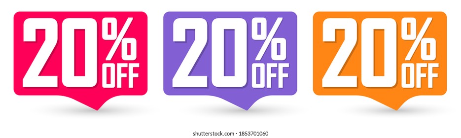 Set Sale 20% off speech bubble banners, discount tags design template, extra deals, vector illustration