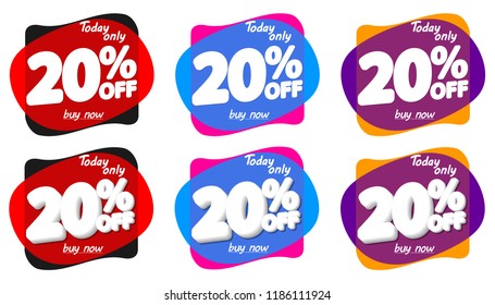 Set Sale 20% off tags, bubble banners design template, discount limited time, app icons, vector illustration