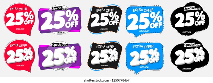 Set Sale 25% off banners, discount tags design template, special offer, extra promo, app icons, vector illustration