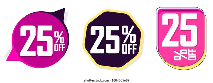 Set Sale 25% off banners, discount tags design template, promo app icons, vector illustration