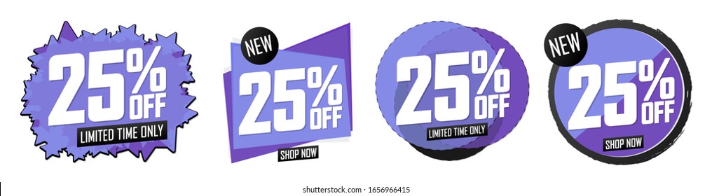 Set Sale 25% off speech bubble banners, discount tags design template, vector illustration