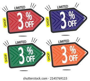 Set Sale 3% off banners discount tags design template, promo app icons, vector illustration colorful