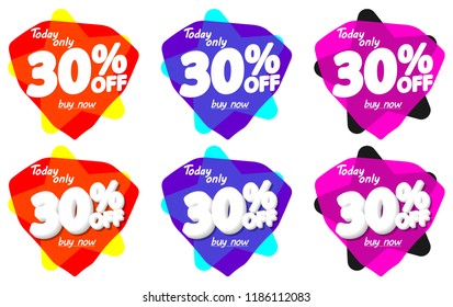 Set Sale 30% off tags, bubble banners design template, discount limited time, app icons, vector illustration