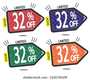 Set Sale 32% off banners discount tags design template, promo app icons, vector illustration colorful