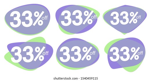 Set Sale 33% off, bubble banners design template, discount tags, vector illustration