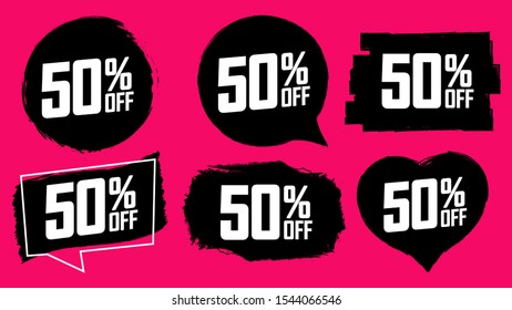 Set Sale 50% off banners, discount tags design template, grunge brush, vector illustration