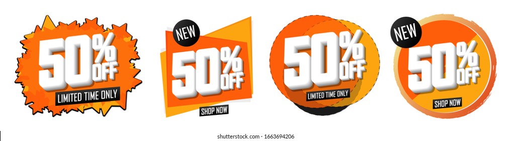 Set Sale 50% off banners, discount tags design template, vector illustration