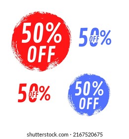 Set Sale 50% off banners, discount tags design template, extra promo, brush grunge, vector illustration