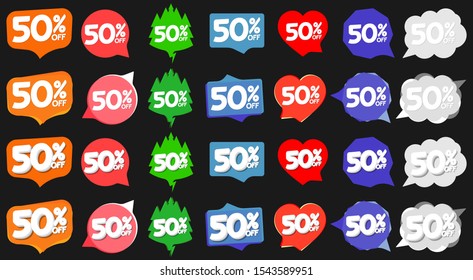 Set Sale 50% off, offer speech bubble banners design template, discount tags, vector illustration