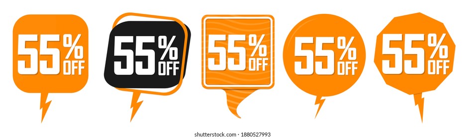 Verkaufen Sie 55 % Rabatt auf Blasen-Banner, Discount-Tags-Design-Vorlage, App-Symbole, Sonderangebote, niedrigster Preis, Vektorgrafik
