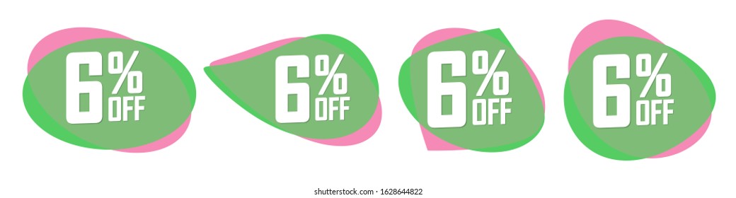 Set Sale 6% off bubble banners, discount tags design template, today offers, vector illustration