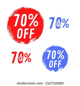 Set Sale 70% off banners, discount tags design template, extra promo, brush grunge, vector illustration