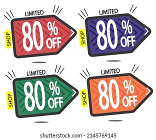 Set Sale 80% off banners discount tags design template, promo app icons, vector illustration colorful
