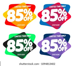 Set Sale 85% off tag, bubble banner design template, app icon, vector illustration