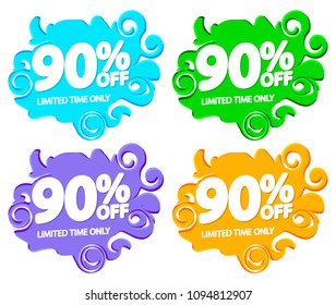 Set Sale 90% off tag, discount banner design template, app icon, vector illustration