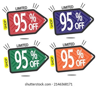 Set Sale 95% off banners discount tags design template, promo app icons, vector illustration colorful