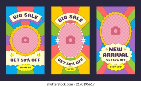 Set Sale Abstract Pop Art Multicolored Contoured Rainbow Stripes Copy Space Frame Social Media Story Templates Vector Illustration. Collection Bright Happy Summer Nature Landscape Groovy Border Design