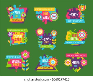 Set of sale advertisement spring sale labels decorated by splashes and flowers, springtime total discounts emblems design with blooming buds vector