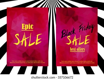Set of sale announcement card. "Epic Sale" and "Black Friday Sale best offers" text on red garnet gem. Usable for flyers, cards, vouchers, banners. labels. Isolated by layers, editable vector. A4.