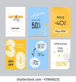 Set of sale badge. Labels and discount tags. White, blue, yellow labels on a grey background. A set of small cards for autumn sale.