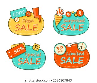 Set of Sale Badges for Discount and Special Promotion with Cute Hand Drawn Elements for Marketing Concept Clip Art