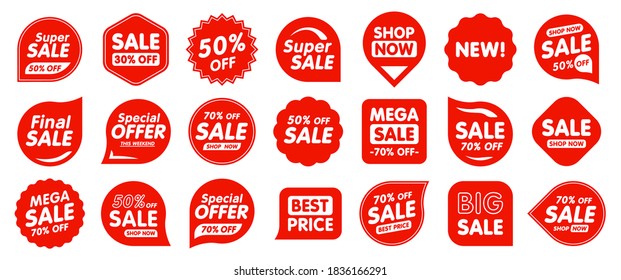 Set of Sale badges. Sale quality tags and labels. Template banner shopping badges. Special offer, sale, discount, shop, black friday. Vector illustration.