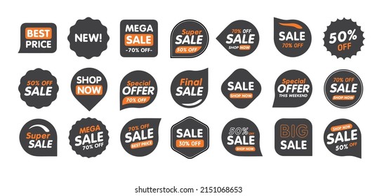 Set of Sale badges. Sale quality tags and labels. Template banner shopping badges. Special offer, sale, discount, shop, black friday. Flat icon.