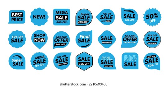 Set of Sale badges. Sale quality tags and labels. Template banner shopping badges. Special offer, sale, discount, shop, black friday. Blue icon. 10 EPS.