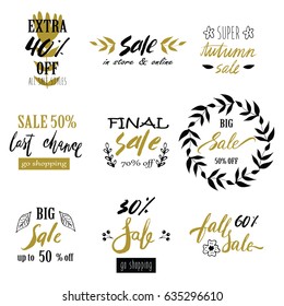Set of sale badges with unique hand lettering. Labels or stickers with typography. Vector illustrations for online shopping, product promotions, website and mobile website badges, ads, print material.