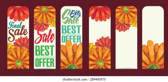 Set of sale badges with watercolor gerbera daisy
