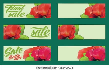 Set of sale badges with watercolor poppies