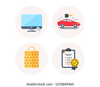 Set of Sale bag, Computer display and Carsharing icons. In compliance sign. Shopping mall, Monitor device, Car rental. Certified checklist. Colorful icons in round buttons. Vector