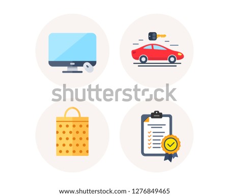 Set of Sale bag, Computer display and Carsharing icons. In compliance sign. Shopping mall, Monitor device, Car rental. Certified checklist. Colorful icons in round buttons. Vector