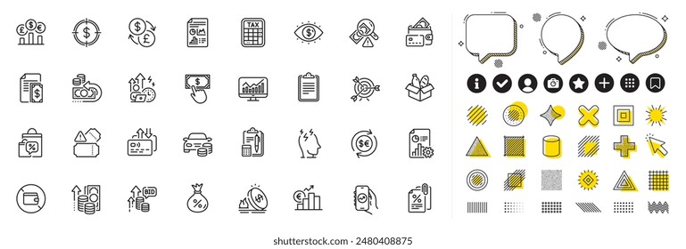 Set of Sale bags, Clipboard and Card line icons for web app. Design elements, Social media icons. Inflation, Fraud, Report icons. Statistics, Business vision, Buy car signs. Vector