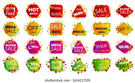 Set of sale banner badge templates. Stickers best offer price and big sale pricing tag badge design. Limited sales offer label or store discount banner card. Shopping coupon. Vector illustration.