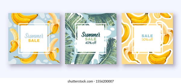 
Set of sale banner with banana. Can be used as greeting, invitation card, cover, party advertisement. Square card templates. Banana fruits and palm foliage on the background of delicate pastel colors