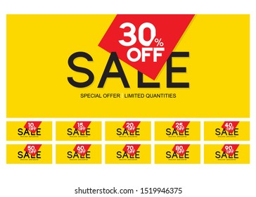 Set of sale banner design with overlapping of the geometric shapes that remain clear with percentage discount and sale word. Has numbers from 10,15,20,25,30,40,50,60,70,80 and 90%. Vector illustration