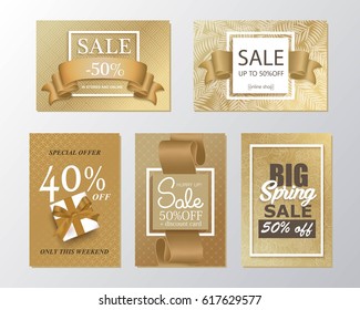 Set of sale banner with golden background. Vector illustration of online shopping website and mobile website banner, poster. Coupon, voucher universal luxury background. 