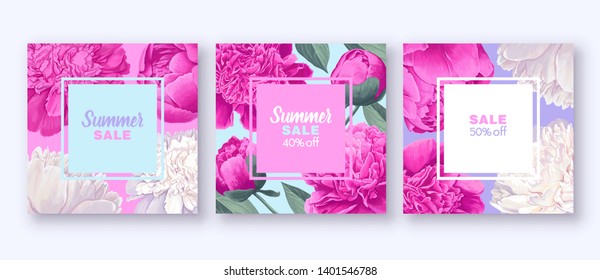 Set of sale banner with pink and white peony. Can be used as greeting, invitation card, template design, cover, party advertisement. Square card templates. Flowers on the background of bright colors.