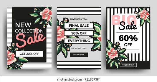 Set of sale banner, poster vector templates with embroidery pink flowers and stripes. Modern typography templates with button for web or print promotion. Vector illustration eps10.