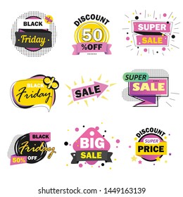 Set of sale banner templates design. Special offer tags. Cyber monday sale discounts. Black friday shopping icons. Best ultimate offer. Super shopping discount icons. Vector
