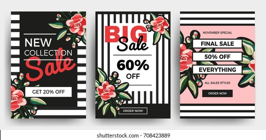 Set of sale banner vector templates with embroidery red flowers. Posters for web or print promotion. Vector EPS10  illustrations of attractive discount offers.