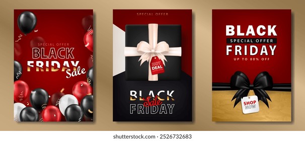 Set von Verkaufsbannern mit 3D-Geschenkboxen mit Schleife, goldenem Konfetti, Ballons, Preisschild für BLACK FRIDAY Event. Karten mit Partyschlangen und Präsentieren von Paketen mit Sonderangebot für den Online-Einkauf